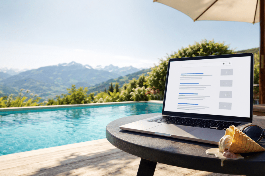 Pool in den Bergen mit Laptop und Eis das schmilzt