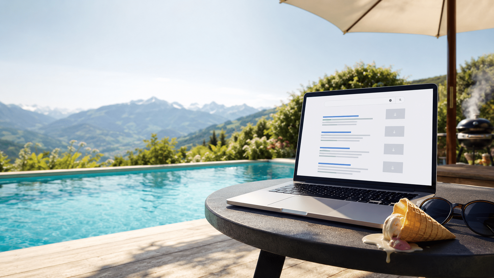 Pool in den Bergen mit Laptop und Eis das schmilzt